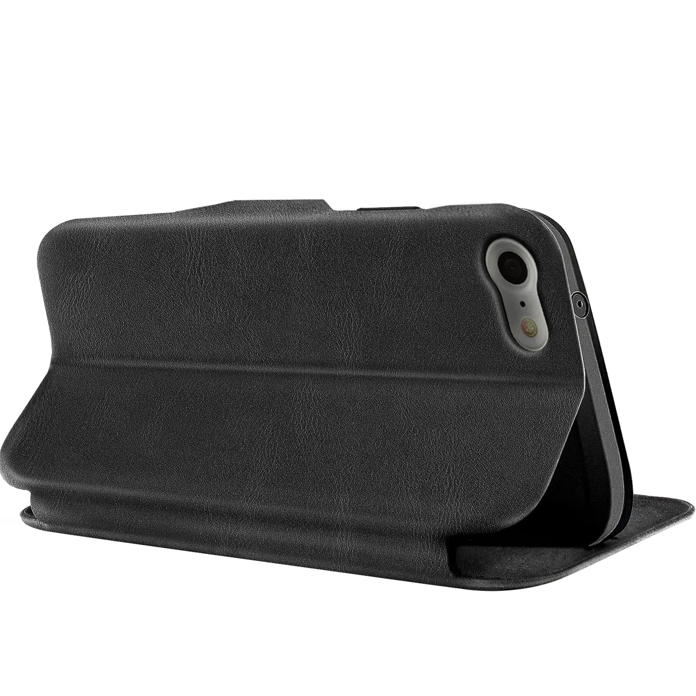 Schwarzes Leder-Klappcover mit Kartenfach, von hinten schräg fotografiert, zeigt iPhone 7/8/SE.