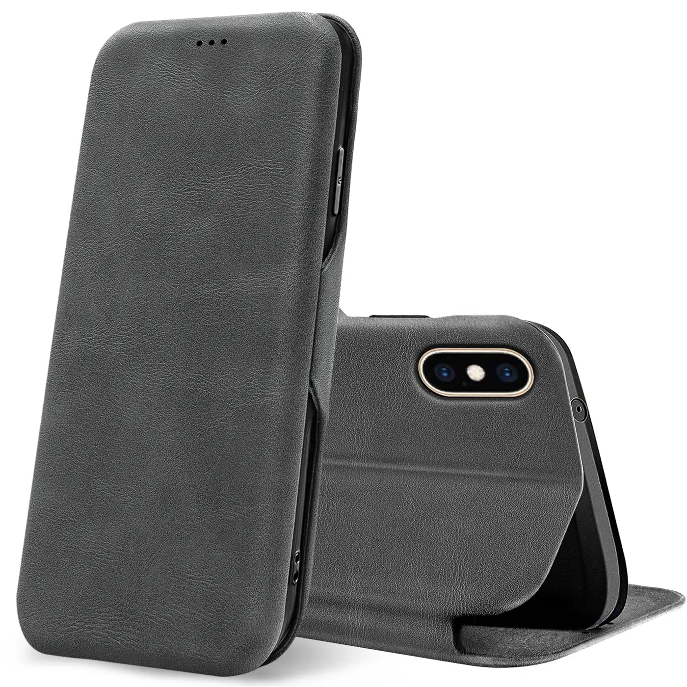 Graue Kunstleder-Klapphülle mit Kartenfach, Vorder- und Rückansicht, iPhone Xs Max