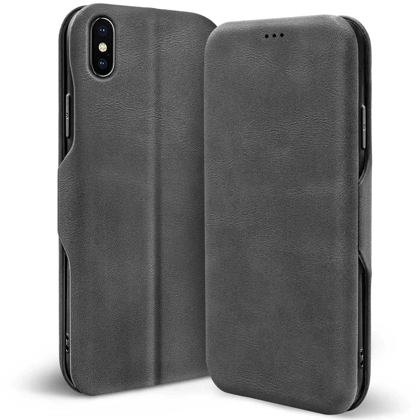 Graue Leder-Klapphülle für iPhone Xs Max, von vorne schräg betrachtet.