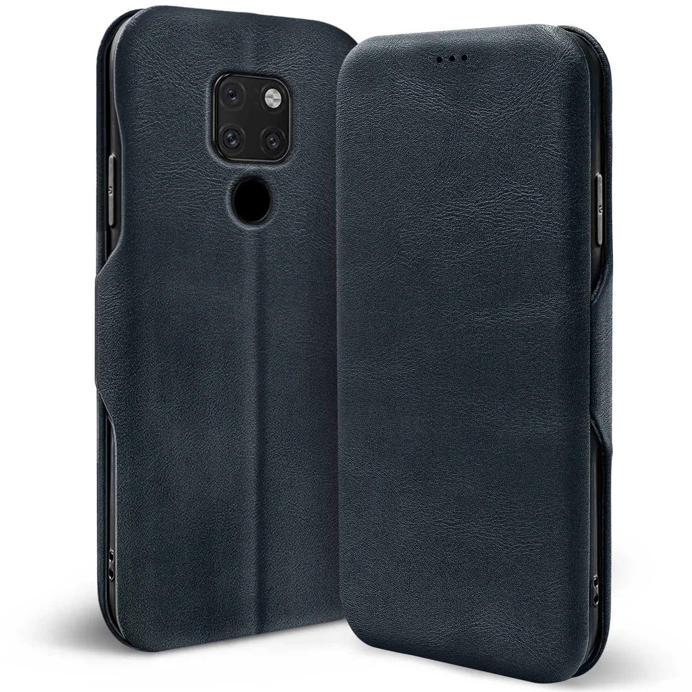 Dunkelblaue Leder-Klapphülle für Huawei Mate 20, Rückseite und Vorderseite sichtbar