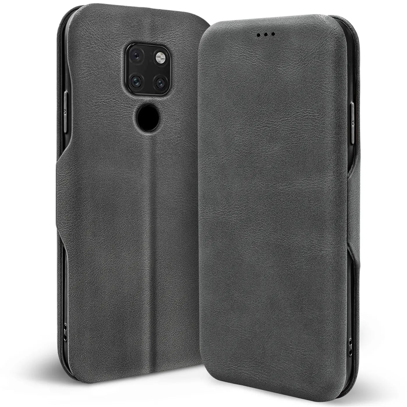 Graue Leder-Klapphülle für Huawei Mate 20, von vorne und hinten gezeigt.