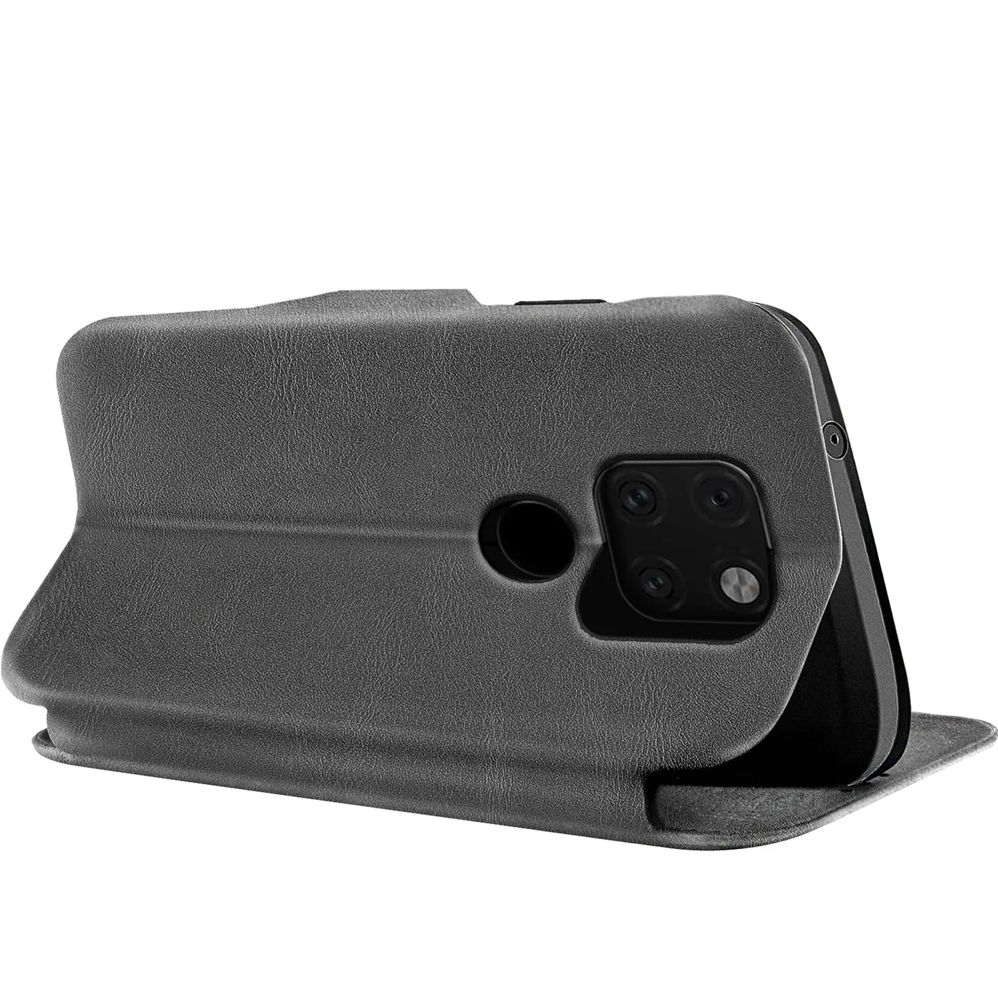 Graue Kunstleder-Klapphülle mit Kartenfach, seitliche Ansicht, zeigt Huawei Mate 20 Rückseite.