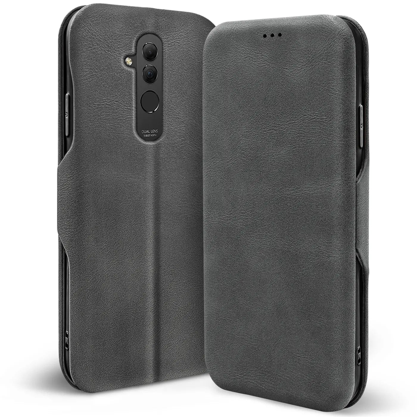 Graue Kunstleder-Klapphülle für Huawei Mate 20 Lite, Rückseite und Vorderseite sichtbar.
