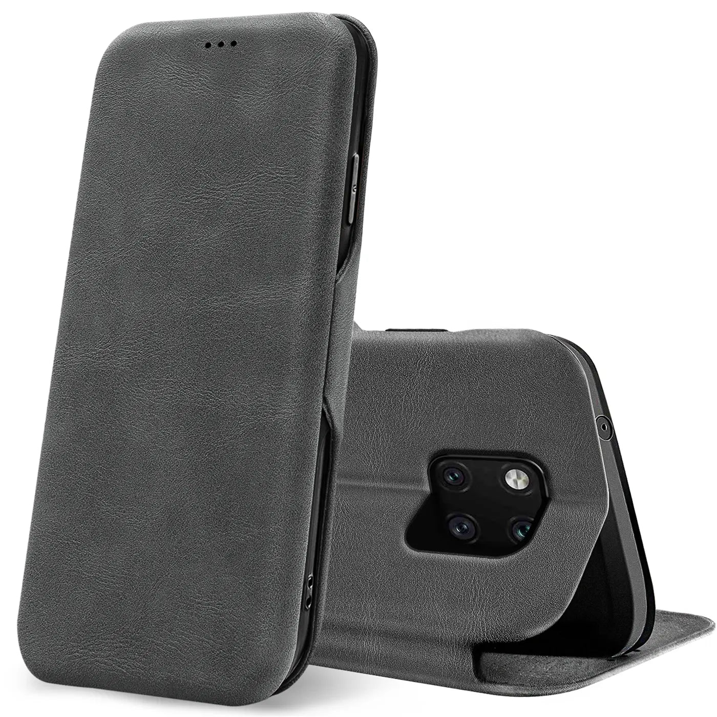 Graue Kunstleder-Klapphülle für Huawei Mate 20 Pro, Rückseite mit Kameraaussparung, aus der Nähe