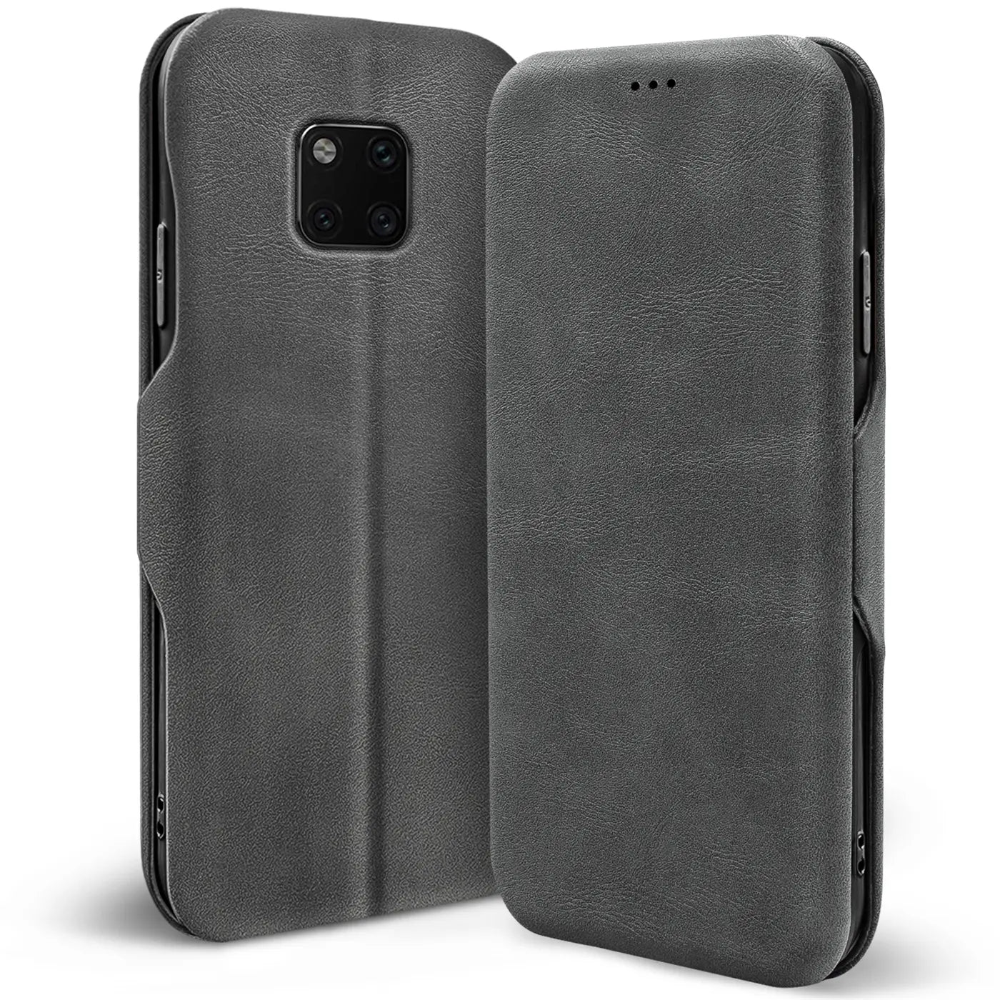 Graue Kunstleder-Klapphülle für Huawei Mate 20 Pro, von vorne/seitlich, mit Kartenfach.