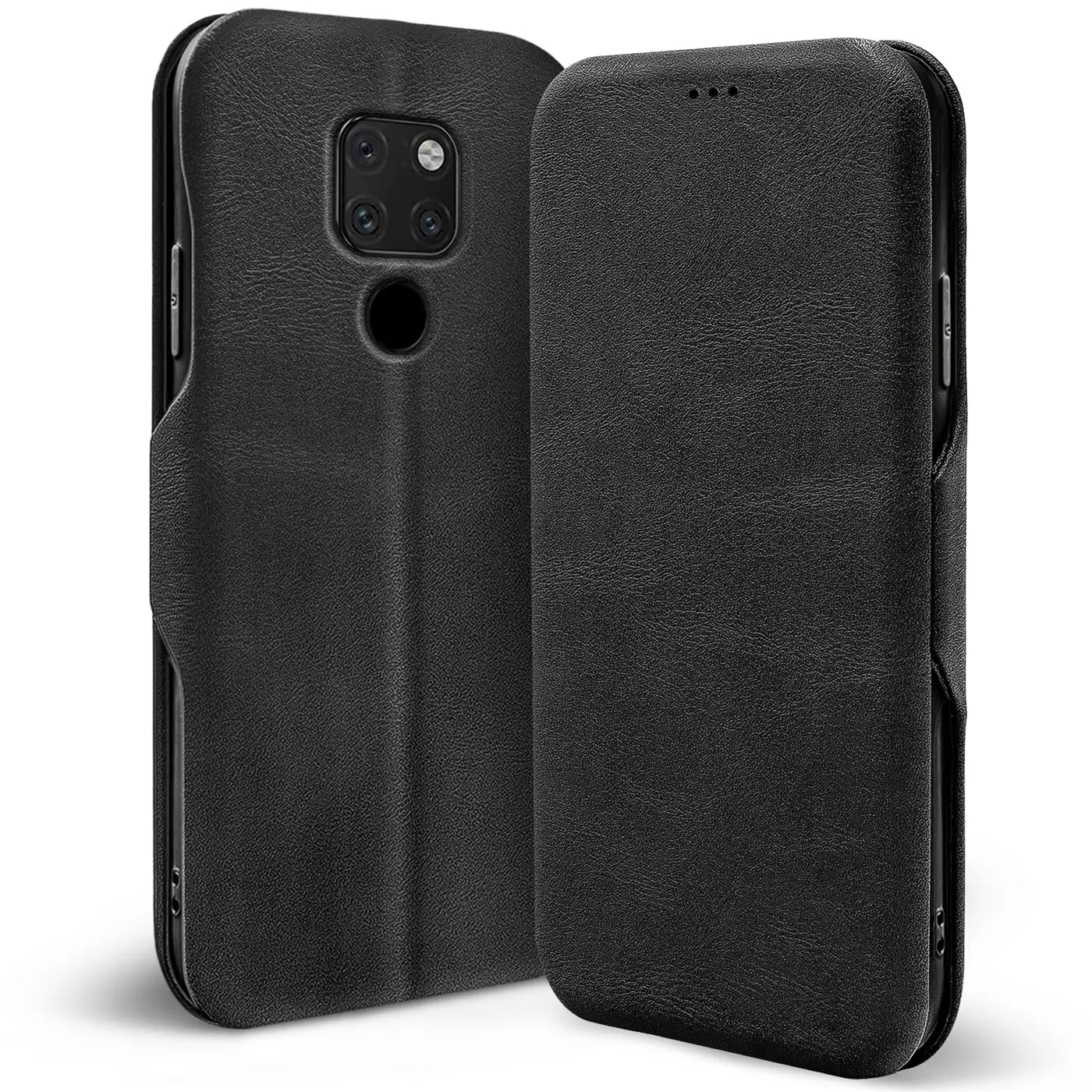 Schwarze Leder-Klapphülle mit Kartenfach für Huawei Mate 20, von vorne und hinten gezeigt.