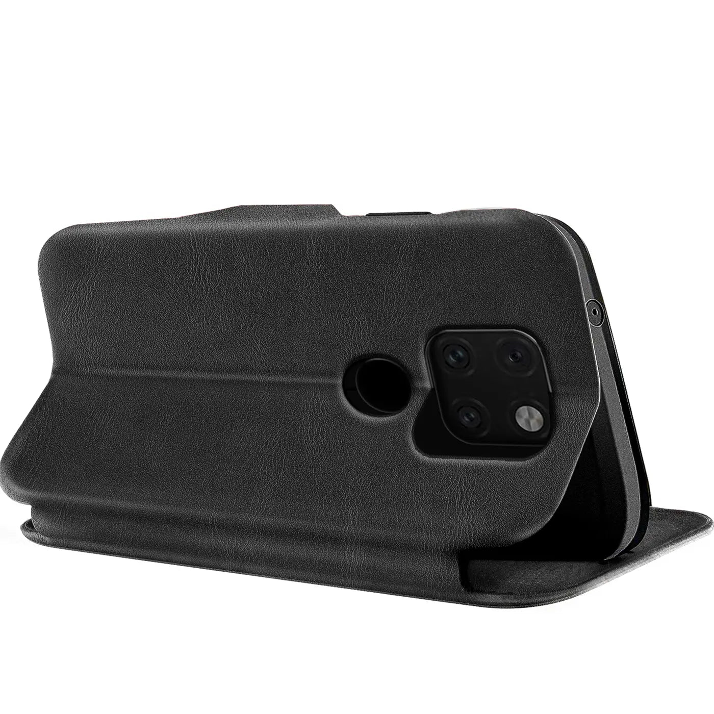 Schwarze Kunstleder-Klapphülle mit Kartenfach, seitliche Ansicht, Huawei Mate 20