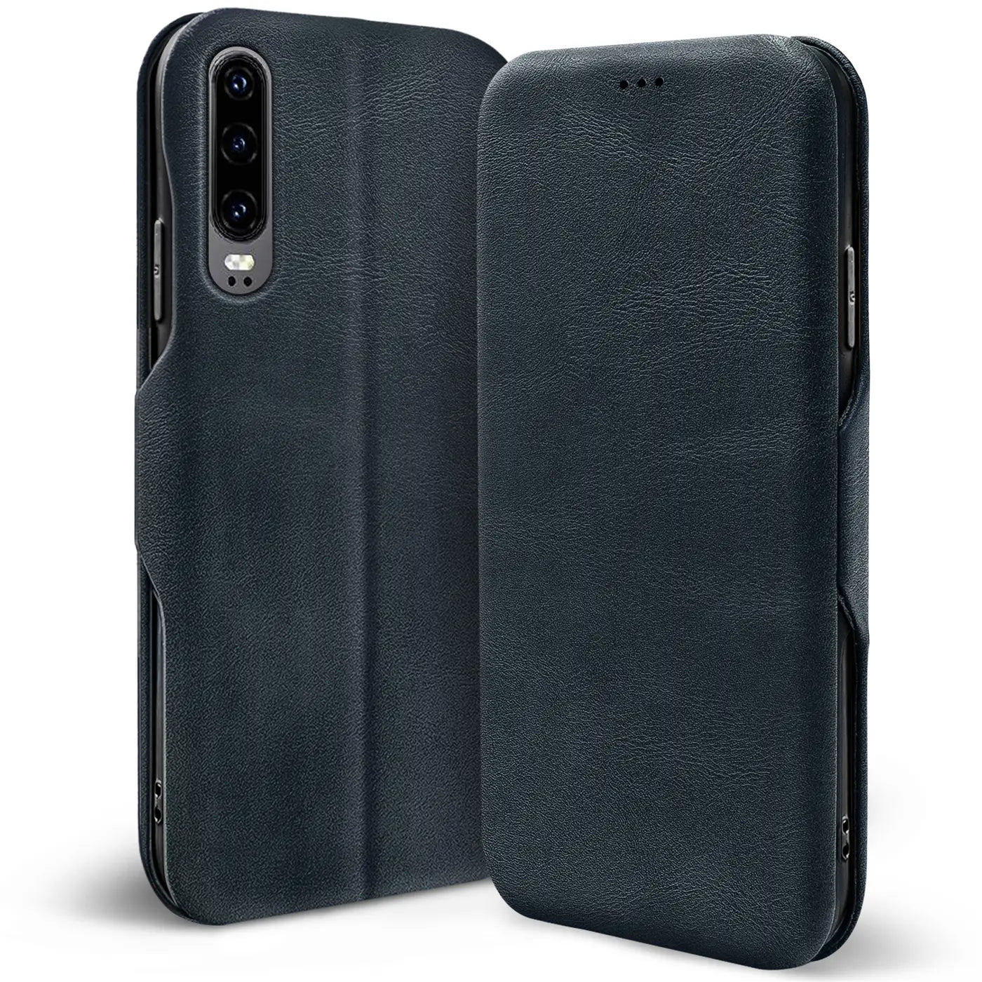 Dunkelblaue Leder-Klapphülle mit Kartenfach, Huawei P30, Seitenansicht.