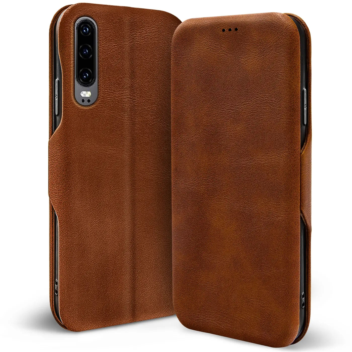 Braune Leder-Klapphülle für Huawei P30, von vorne mit Blick auf die Kamera.