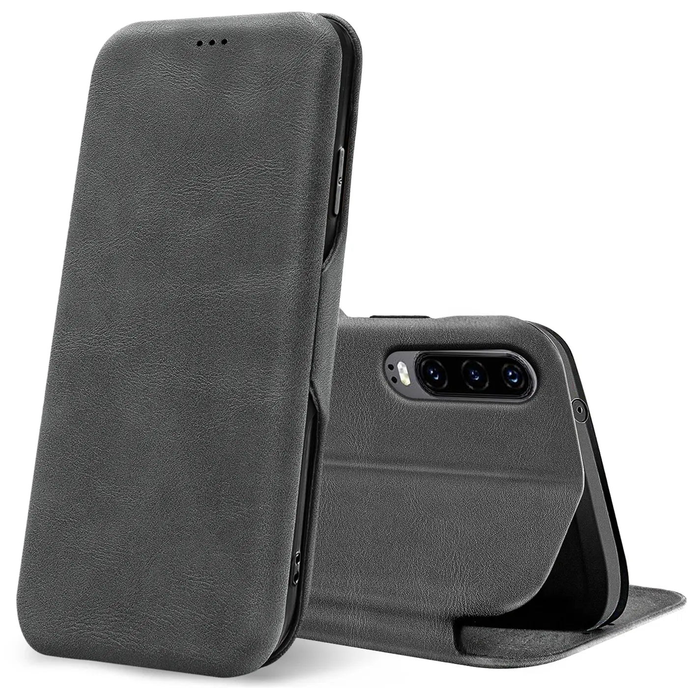Graue Kunstleder-Klapphülle für Huawei P30, von vorne und hinten gezeigt.