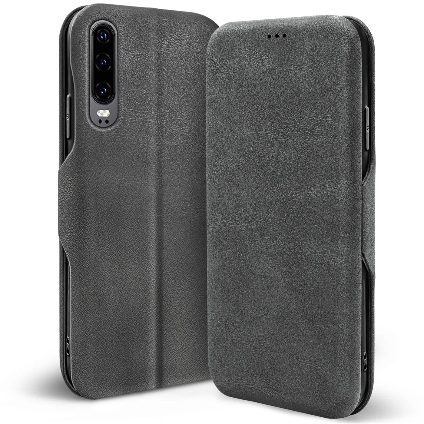 Graue Kunstleder-Klapphülle für Huawei P30, von vorne/seitlich, mit Kartenfach.