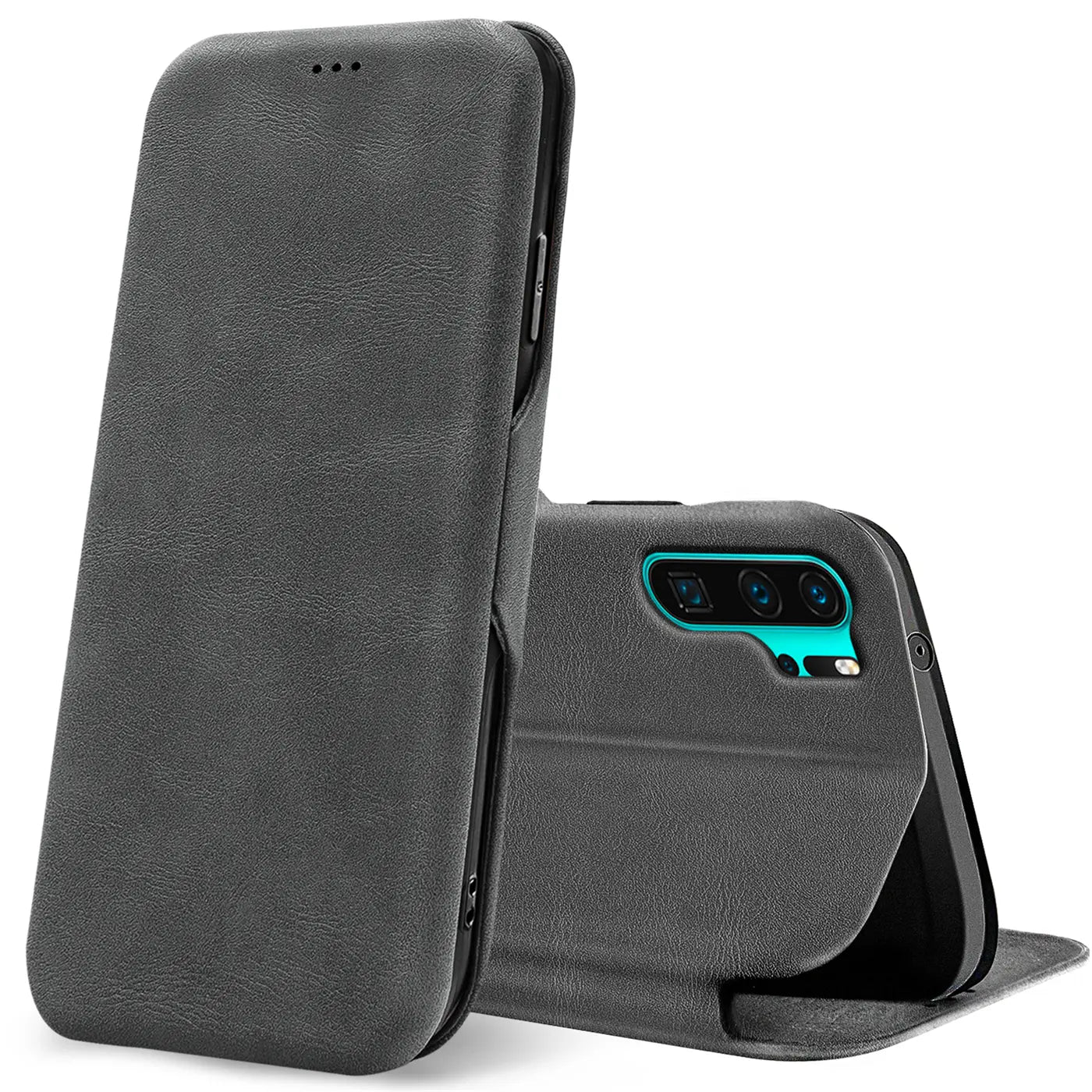 Graue Kunstleder-Klapphülle, von vorne und hinten, für Huawei P30 Pro.
