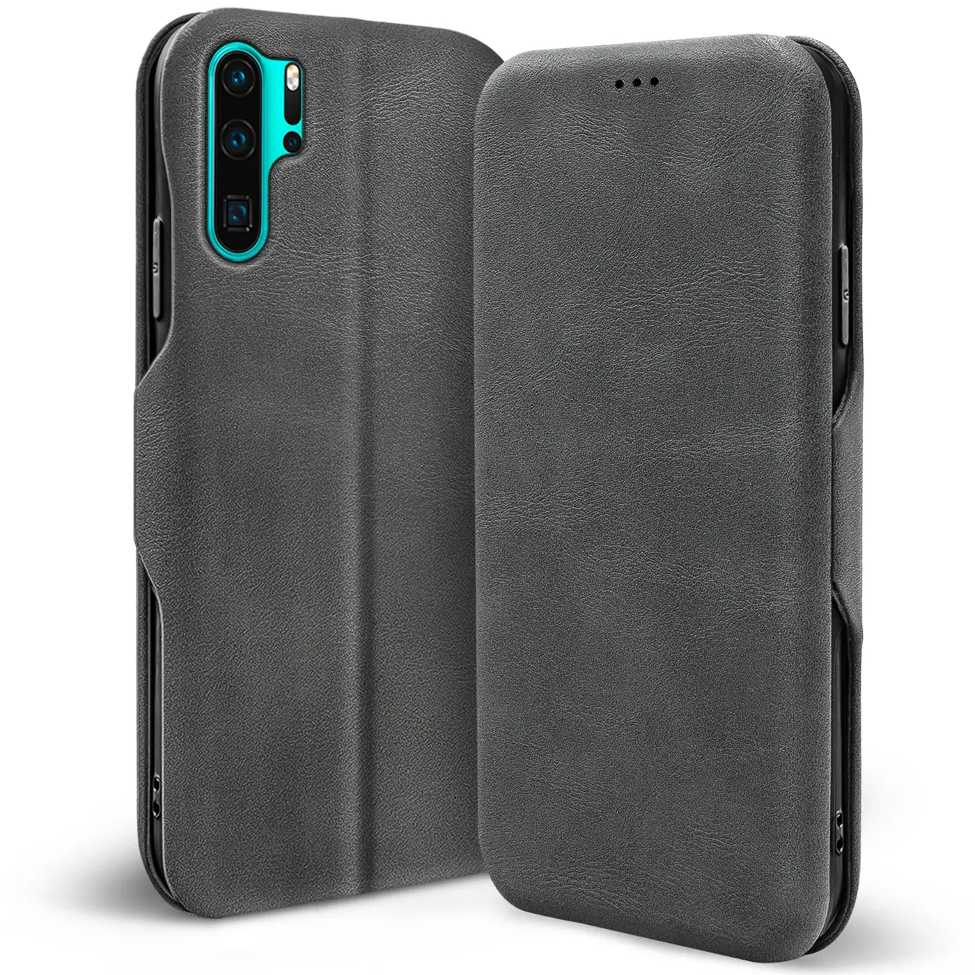 Graue Leder-Klapphülle für Huawei P30 Pro, von vorne/leicht schräg