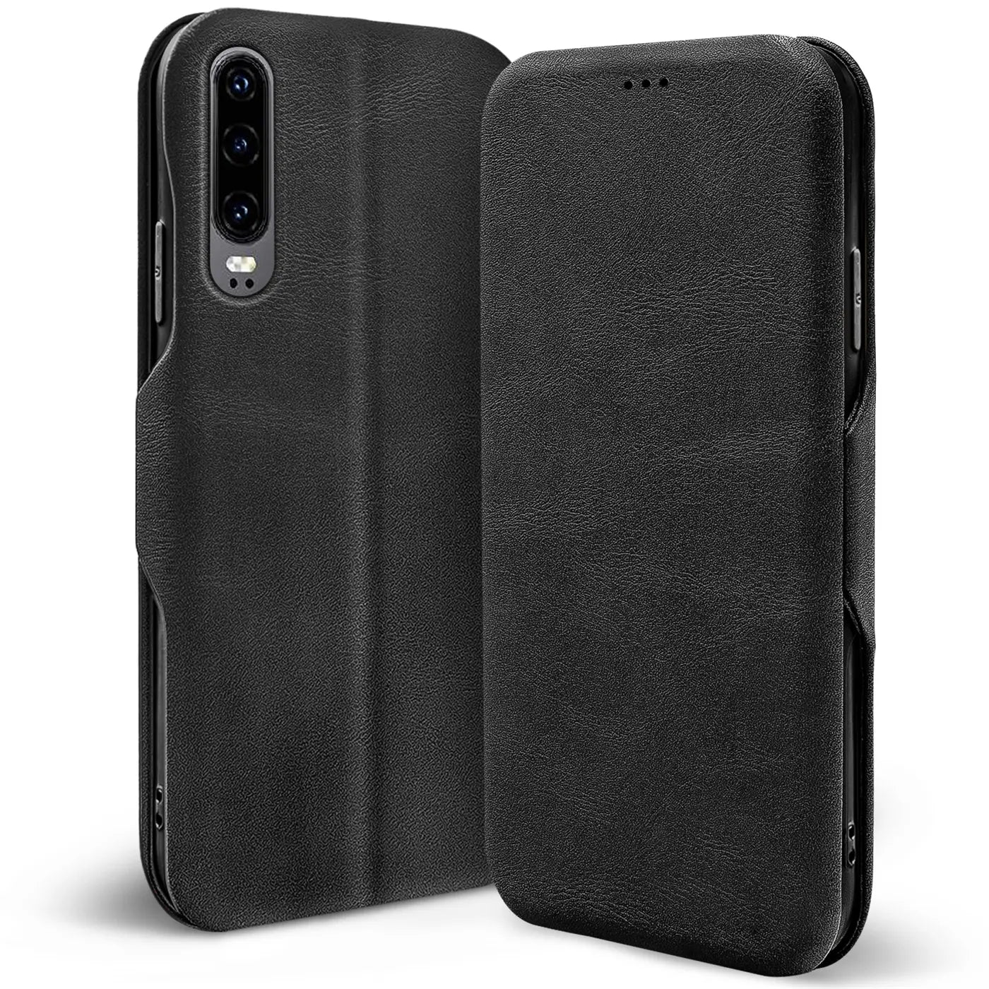 Schwarze Leder-Klapphülle für Huawei P30, von vorne/seitlich gezeigt.