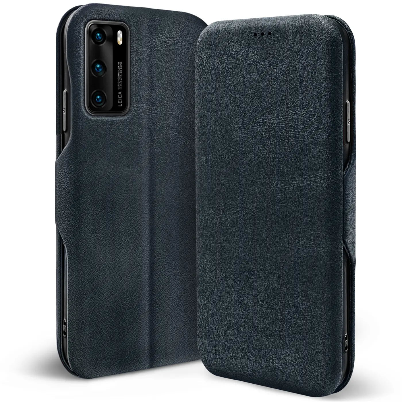 Dunkelblaue Leder-Klapphülle für Huawei P40, von vorne und von der Seite gezeigt.