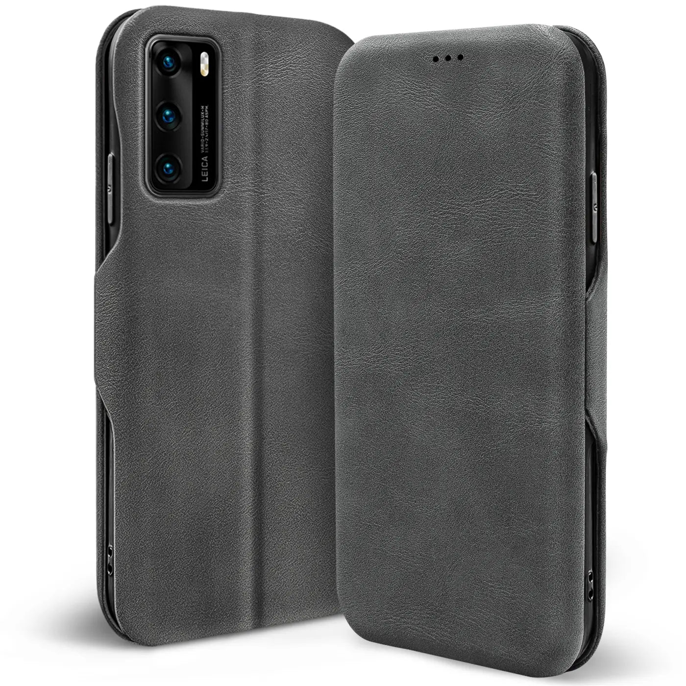 Graue Kunstleder-Klapphülle für Huawei P40, von vorne/seitlich, mit Kartenfach.