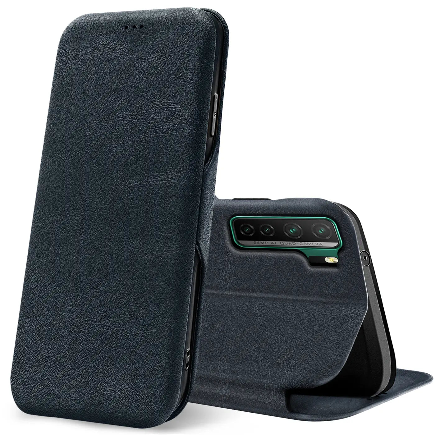 Dunkelblaue Kunstleder-Klapphülle für Huawei P40 Lite 5G, Rückseite sichtbar.
