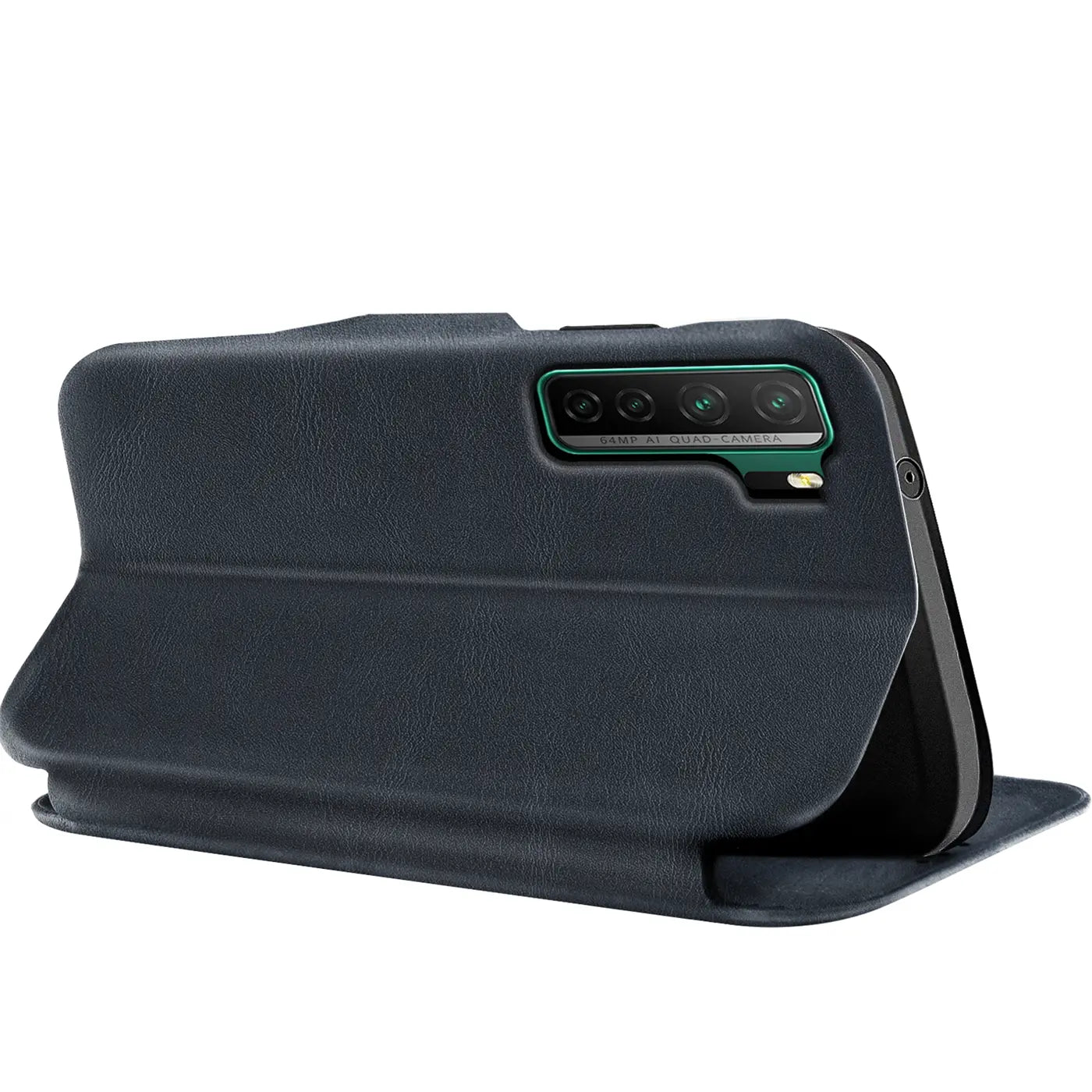 Dunkelblaue Leder-Klapphülle mit Kartenfach für Huawei P40 Lite 5G, Seitenansicht.