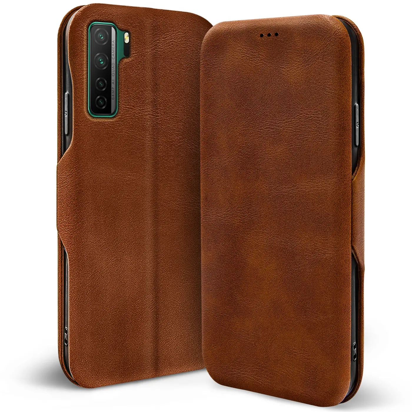 Braune Leder-Klapphülle mit Kartenfach, Huawei P40 Lite 5G, Seitenansicht
