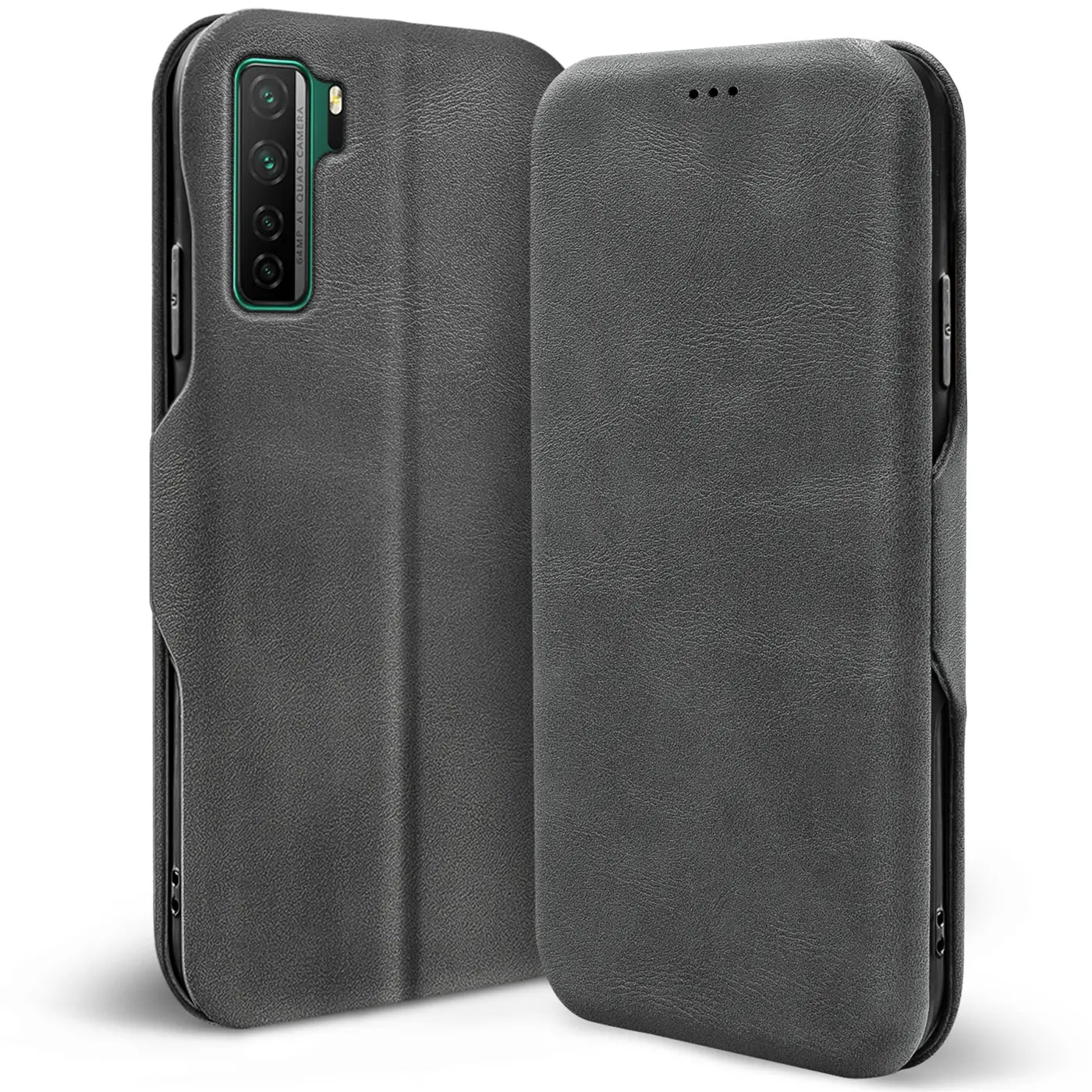 Graue Kunstleder-Klapphülle für Huawei P40 Lite 5G, von vorne/seitlich gezeigt.