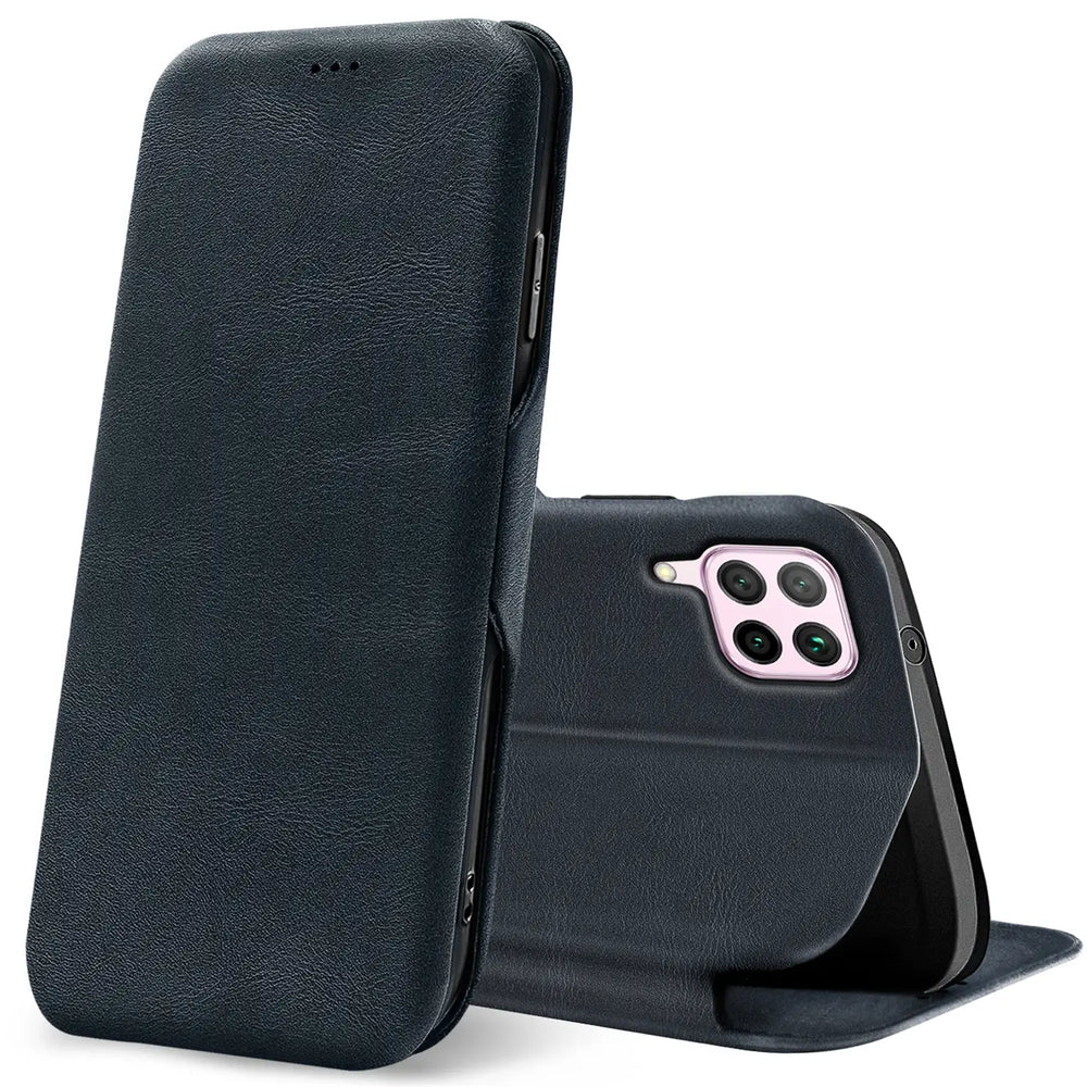 Dunkelblaue Leder-Klapphülle für Huawei P40 Lite, von vorne/seitlich, mit Kartenfach