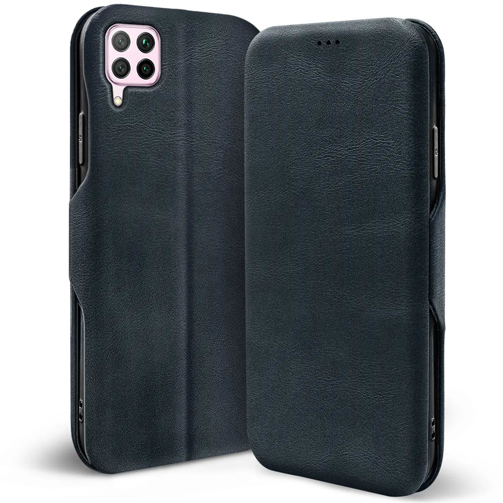 Dunkelblaue Kunstleder-Klapphülle, Vorder- und Rückansicht, für Huawei P40 Lite.