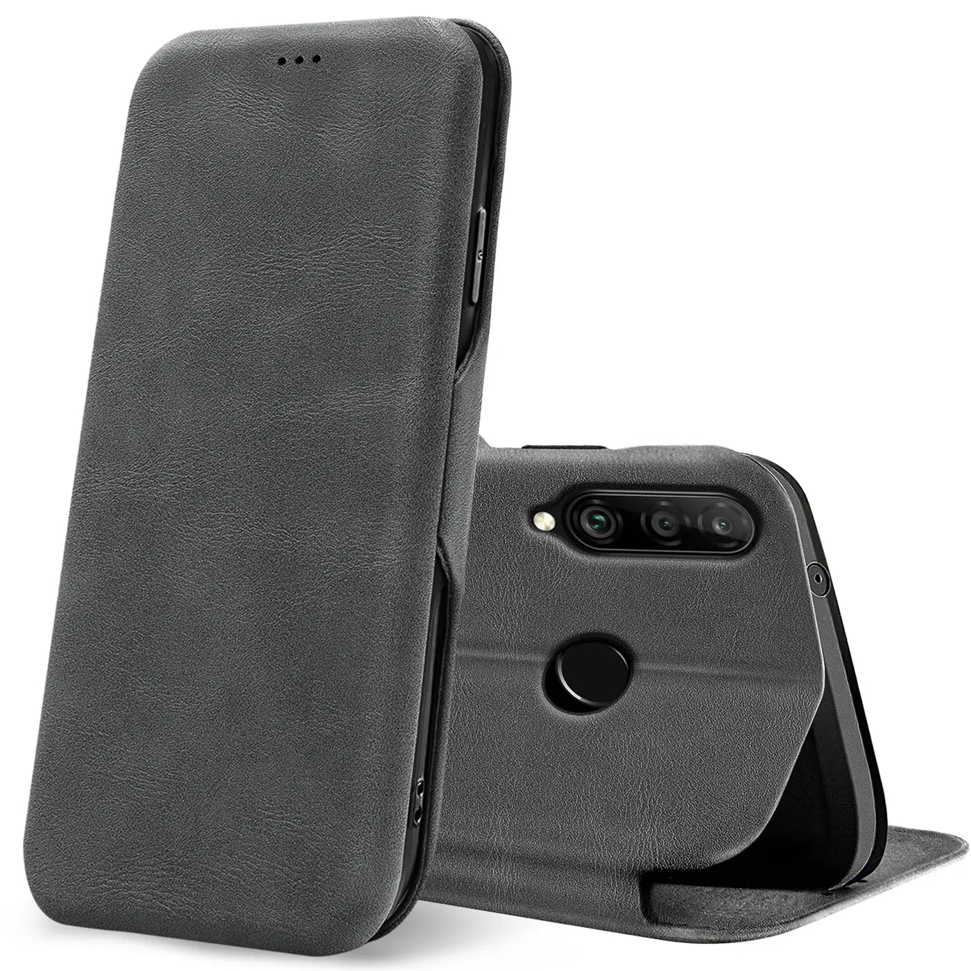 Graue Kunstleder-Klapphülle für Huawei P40 Lite E, von vorne schräg gezeigt.