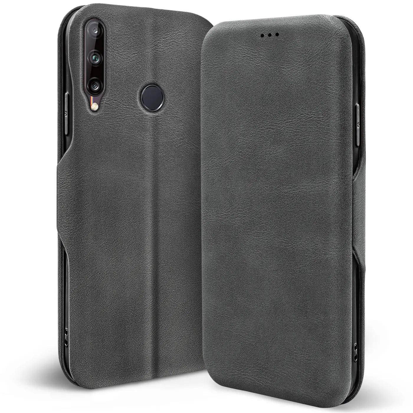 Graue Kunstleder-Klapphülle für Huawei P40 Lite E, Rückseite und Vorderseite sichtbar, von vorne.