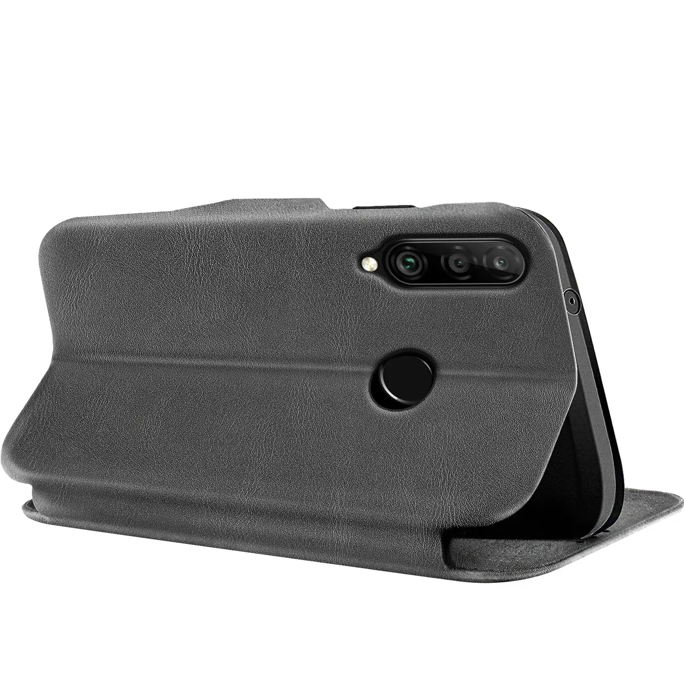 Graue Kunstleder-Klapphülle mit Kartenfach, seitliche Ansicht, zeigt Huawei P40 Lite E.
