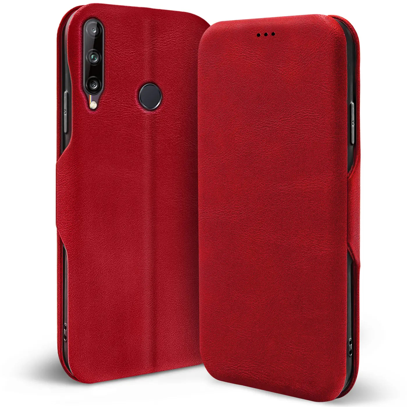 Rote Leder-Klapphülle für Huawei P40 Lite E, von vorne und hinten gezeigt.