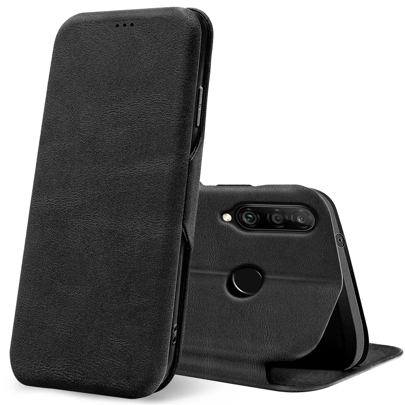 Schwarze Leder-Klapphülle für Huawei P40 Lite E, von vorne/seitlich betrachtet.