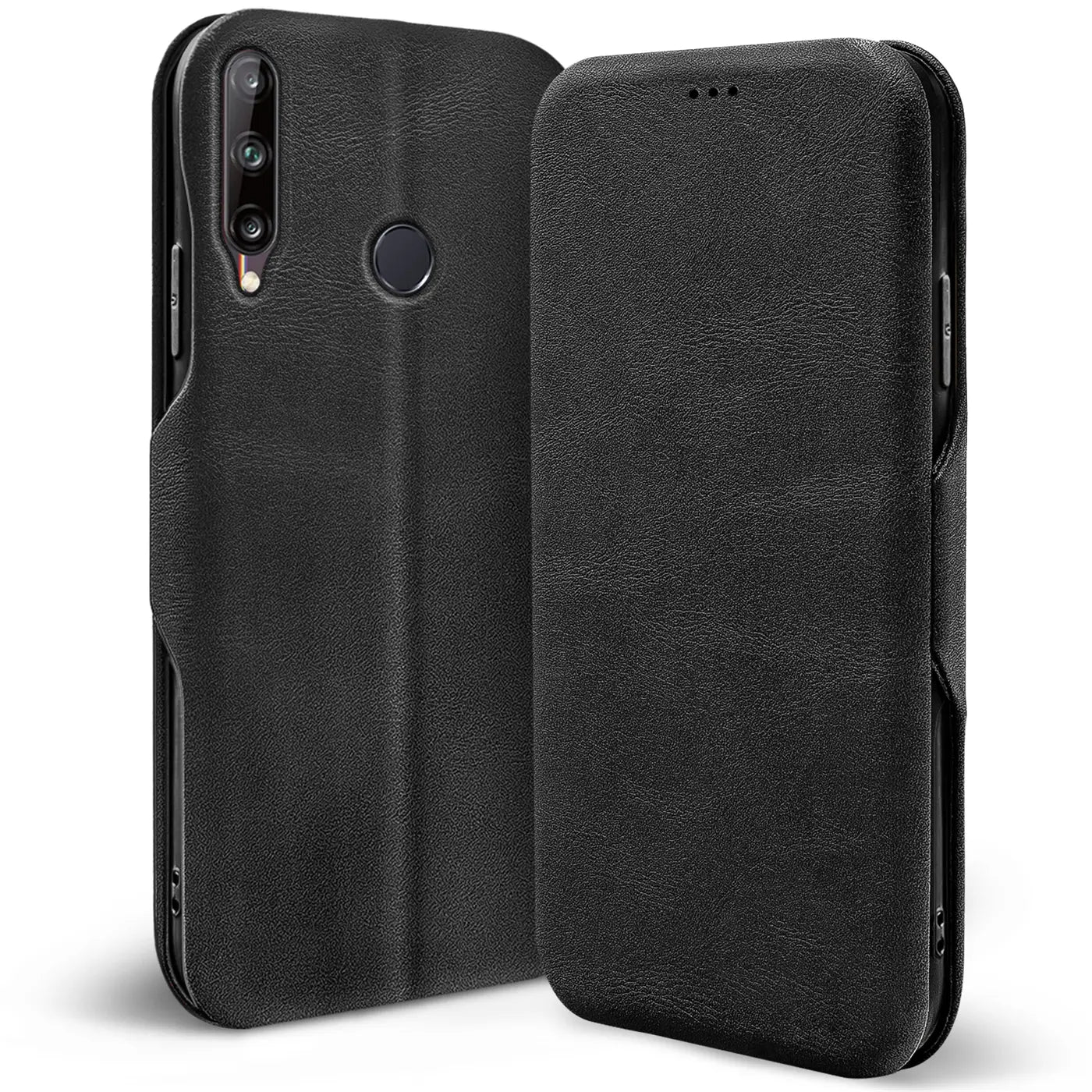 Schwarze Leder-Klapphülle für Huawei P40 Lite E, Rückseite und Vorderseite, von vorne links gezeigt.