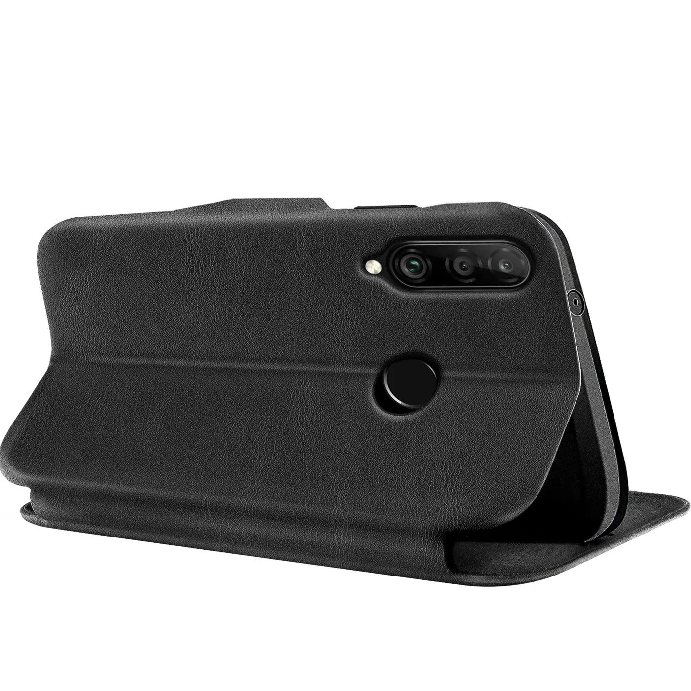 Schwarze Leder-Klapphülle für Huawei P40 Lite E, von schräg hinten gezeigt.