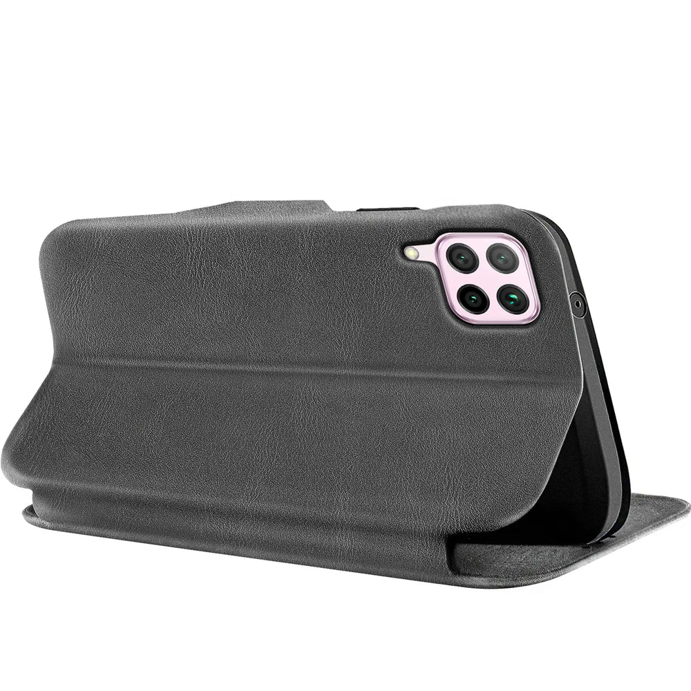 Graue Leder-Klapphülle mit Kartenfach, seitliche Ansicht, zeigt Huawei P40 Lite Kamera.
