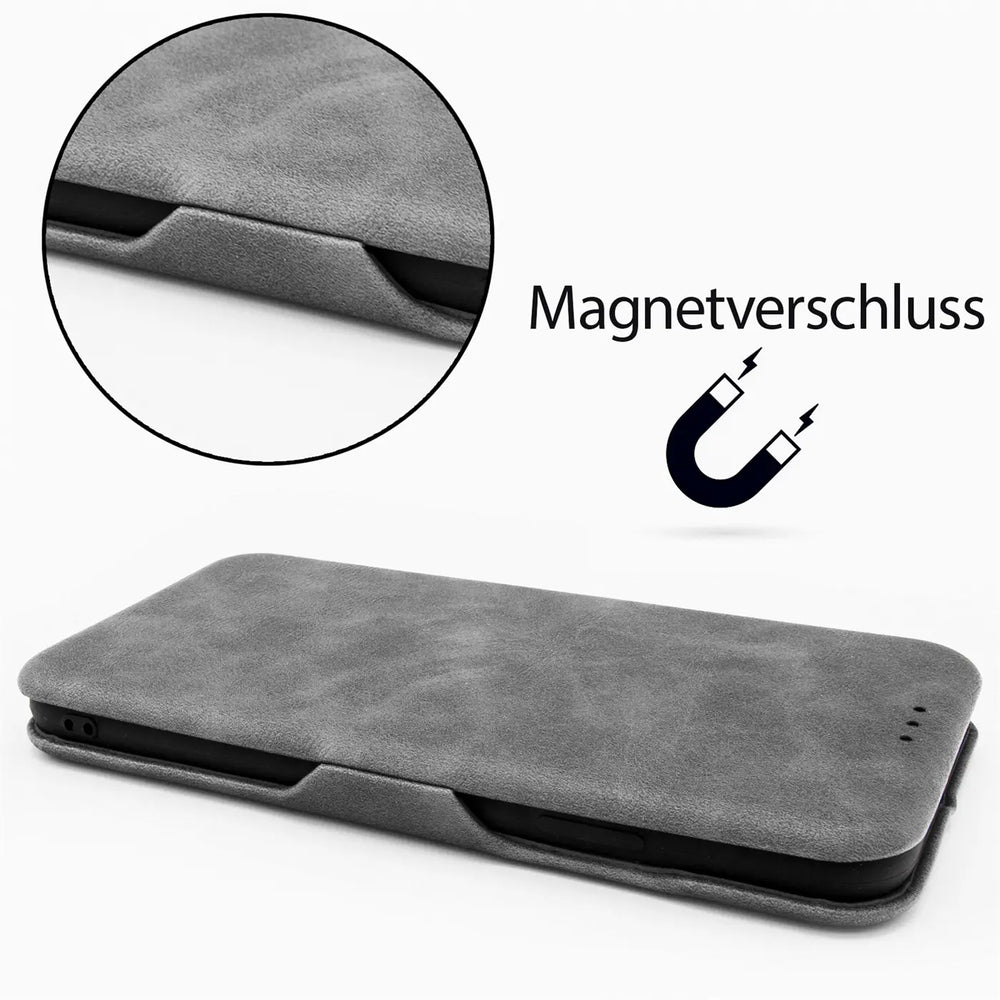 Graue Kunstleder-Klapphülle für Huawei P40 Lite, Seitenansicht, Magnetverschluss.