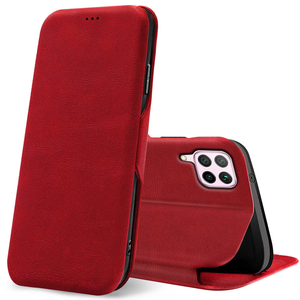 Rote Leder-Klapphülle mit Kartenfach, Huawei P40 Lite von vorne/hinten.