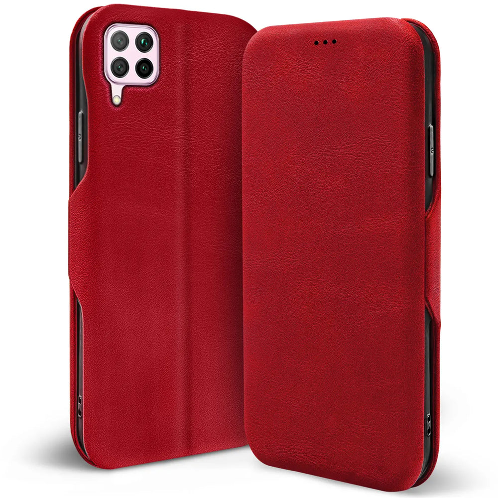 Rote Kunstleder-Klapphülle für Huawei P40 Lite, Rückseite mit Kameraöffnung, Vorderseite geschlossen.