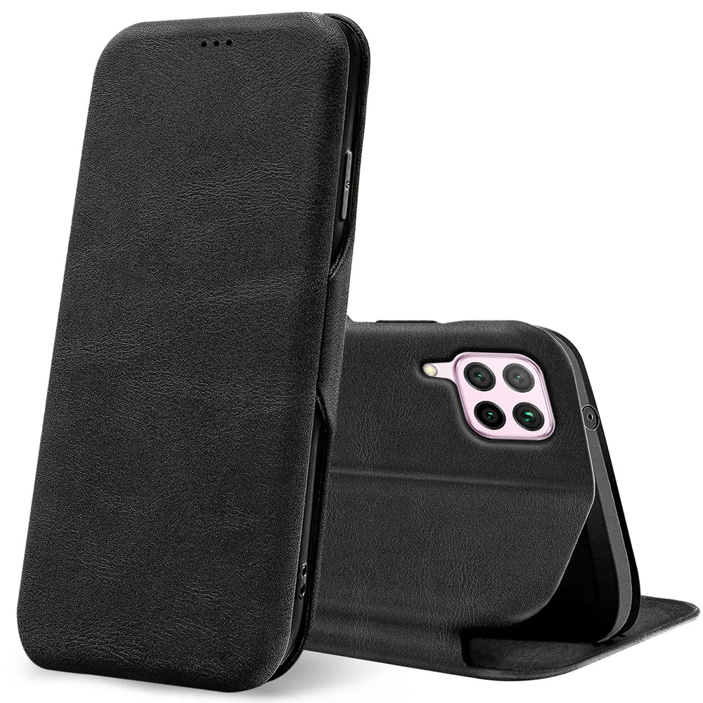 Schwarze Leder-Klapphülle für Huawei P40 Lite, Rückseite mit Kamera, von vorne gesehen.