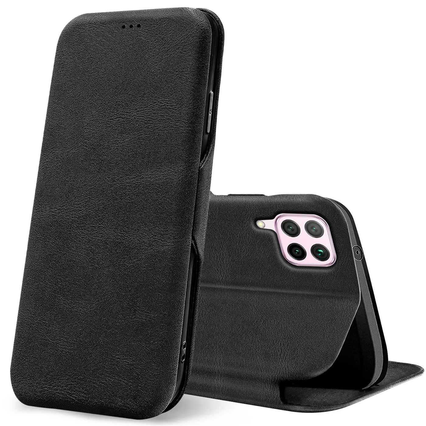 Schwarze Leder-Klapphülle für Huawei P40 Lite, Rückseite mit Kamera, von vorne gesehen.