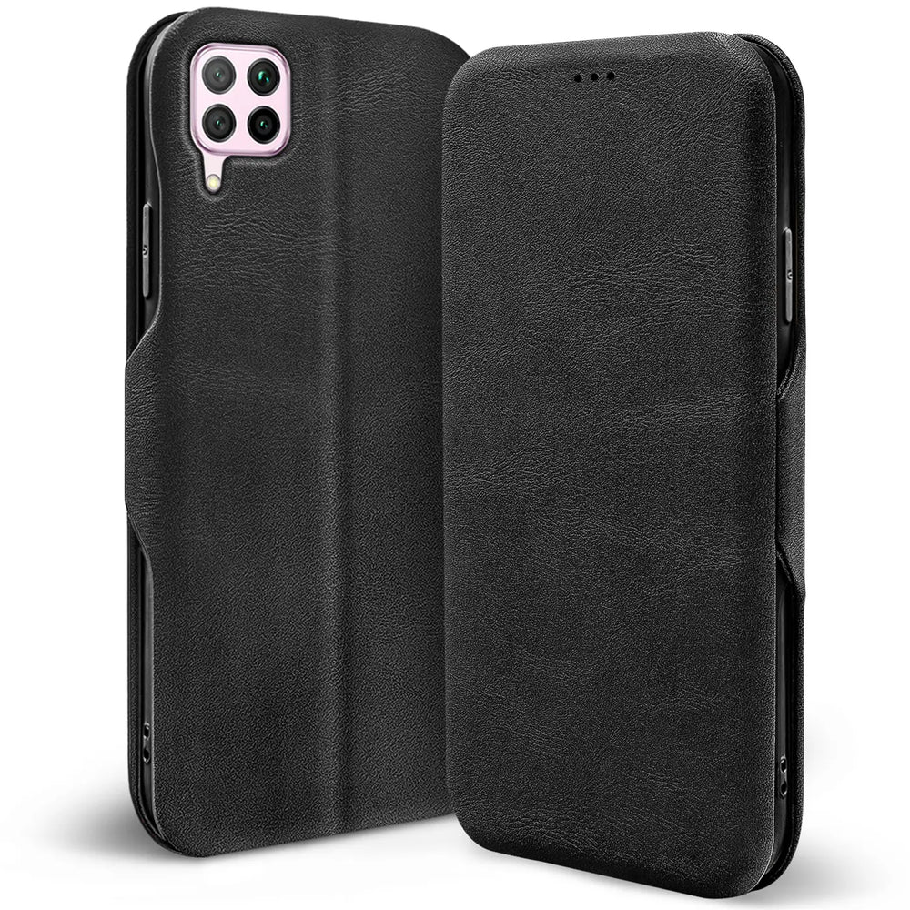 Schwarze Leder-Klapphülle mit Kartenfach für Huawei P40 Lite, Vorder- und Rückansicht.