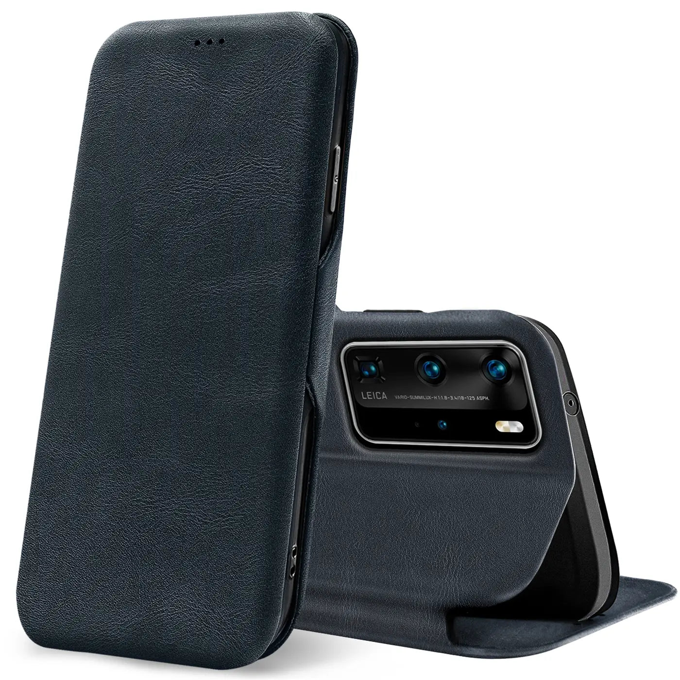 Dunkelblaue Leder-Klapphülle mit Kartenfach, Huawei P40 Pro mit Kamera, von vorne links