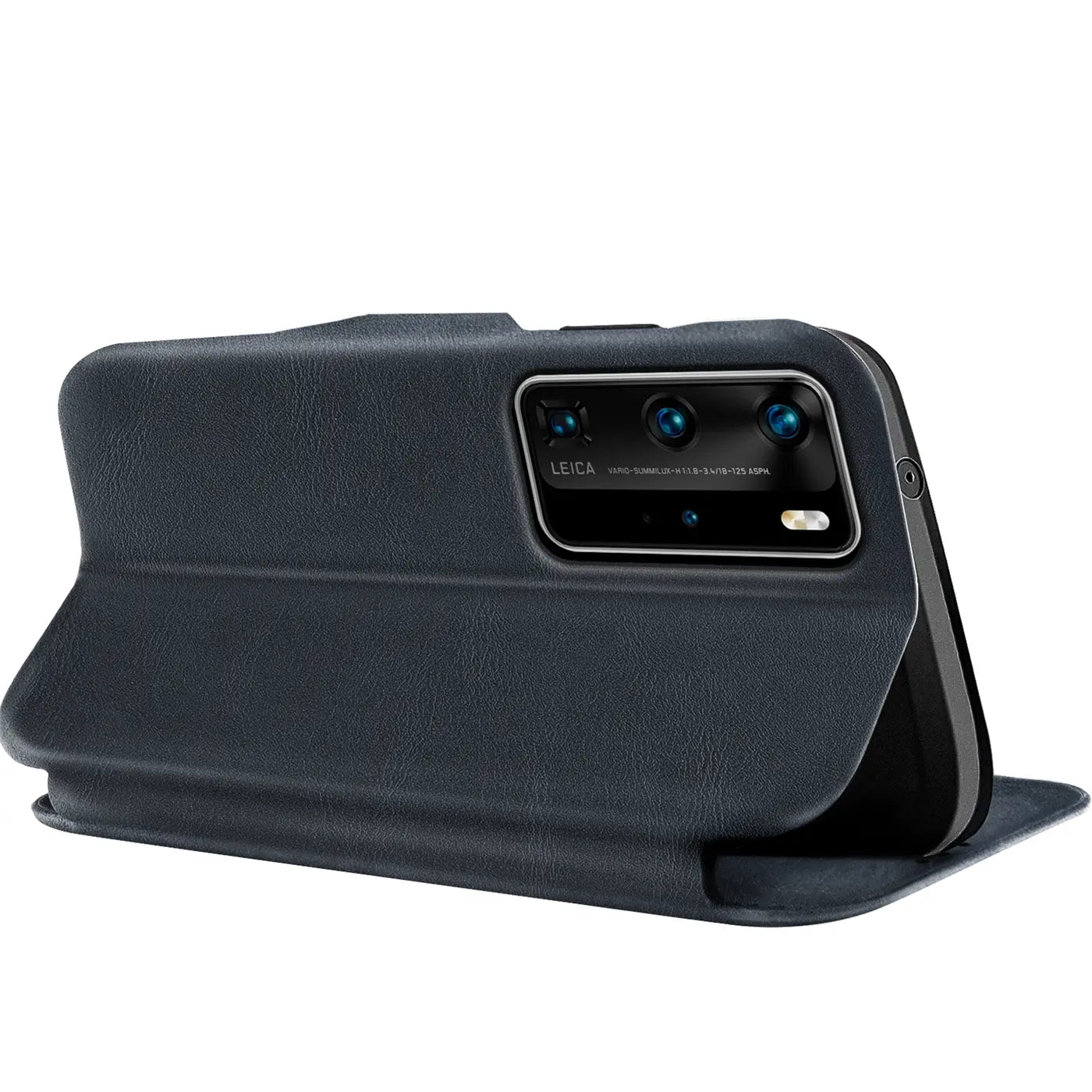 Dunkelblaue Leder-Klapphülle mit Kartenfach, Rückansicht Huawei P40 Pro.