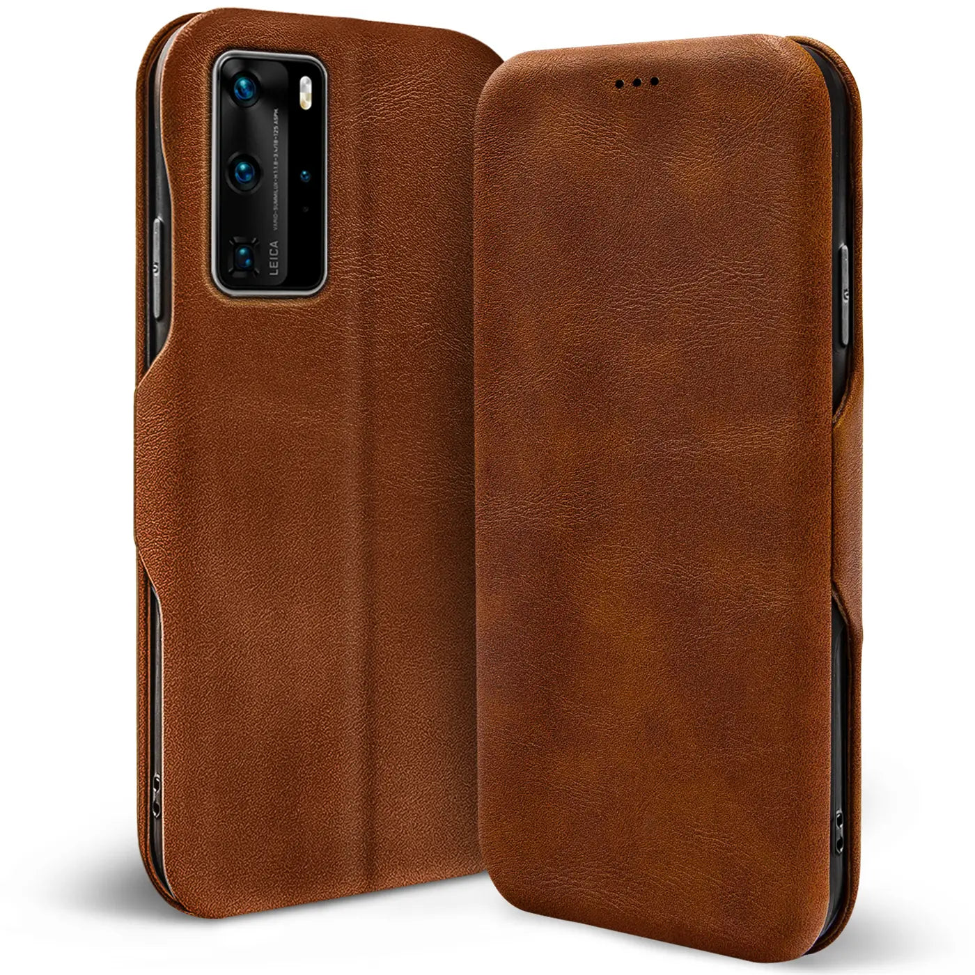 Braune Leder-Klapphülle mit Kartenfach für Huawei P40 Pro, von vorne schräg gezeigt.