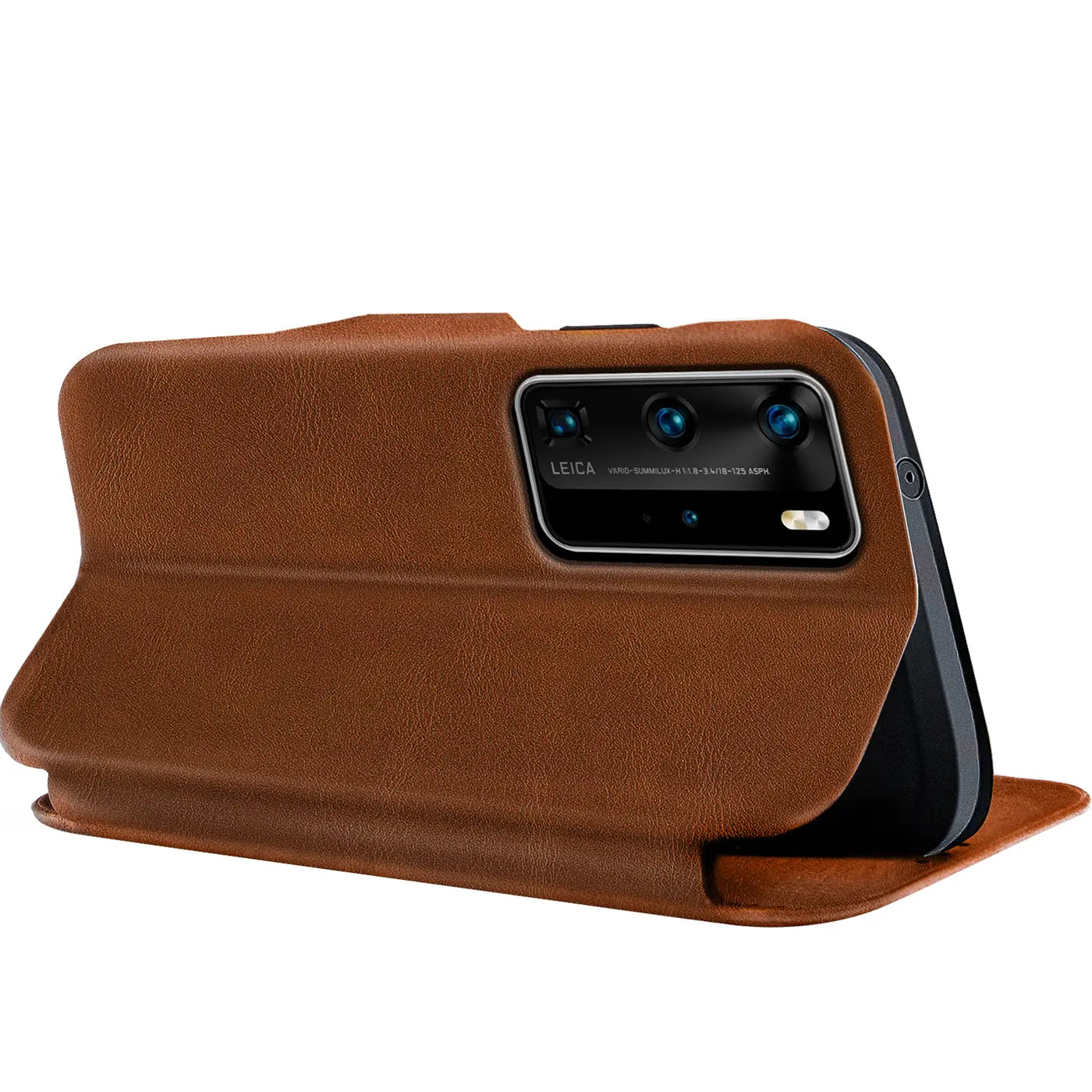 Braune Leder-Klapphülle mit Kartenfach, von schräg hinten auf Huawei P40 Pro