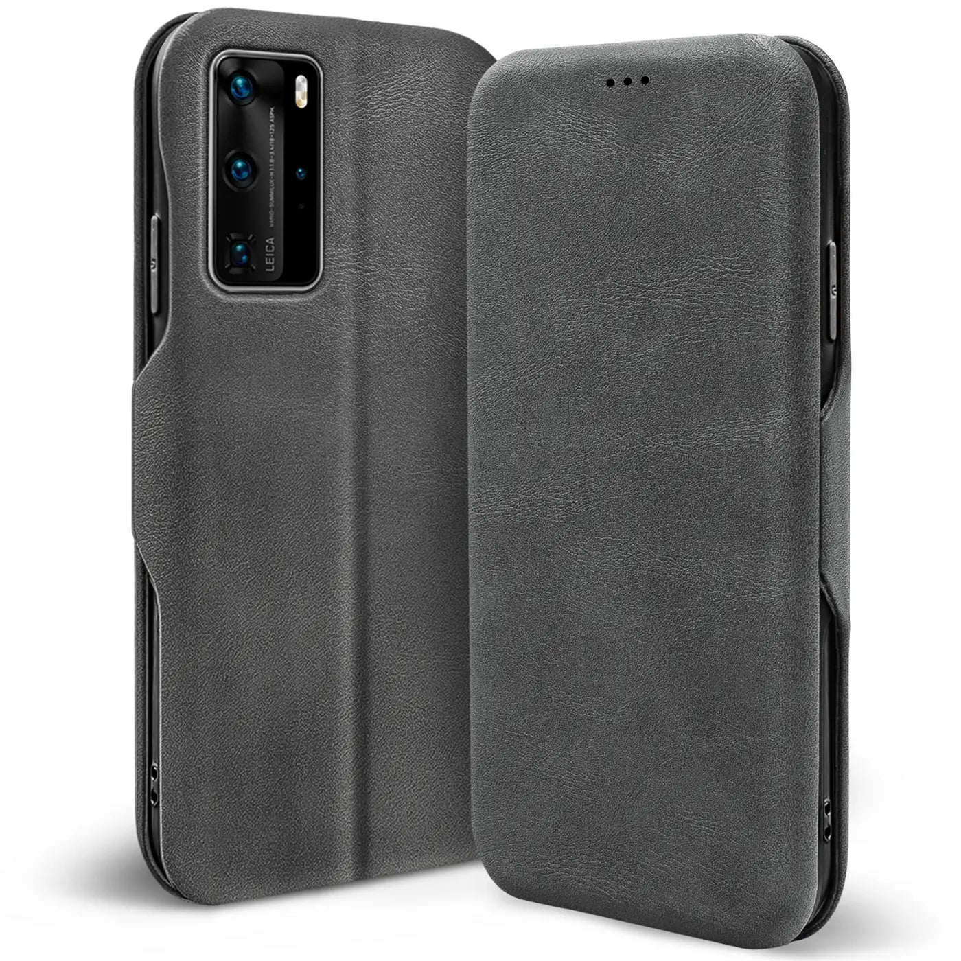 Graue Kunstleder-Klapphülle mit Kartenfach für Huawei P40 Pro, von vorne links gezeigt.