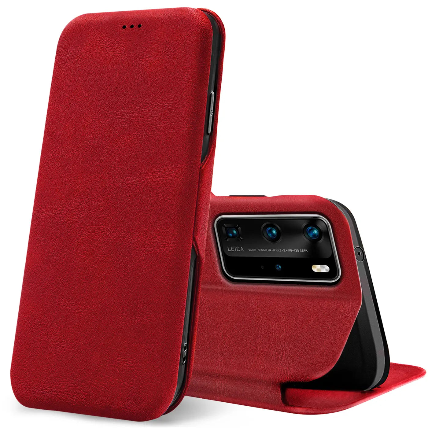 Rote Leder-Klapphülle mit Kartenfach, Huawei P40 Pro von vorne und hinten gezeigt.