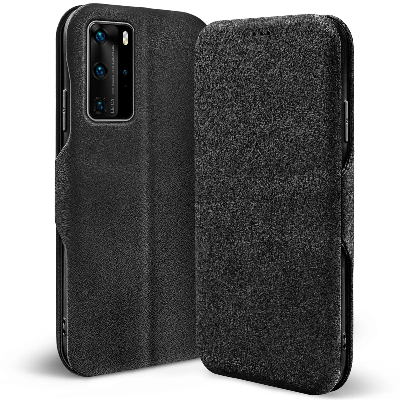 Schwarze Leder-Klapphülle für Huawei P40 Pro, von vorne, mit offenem Deckel.