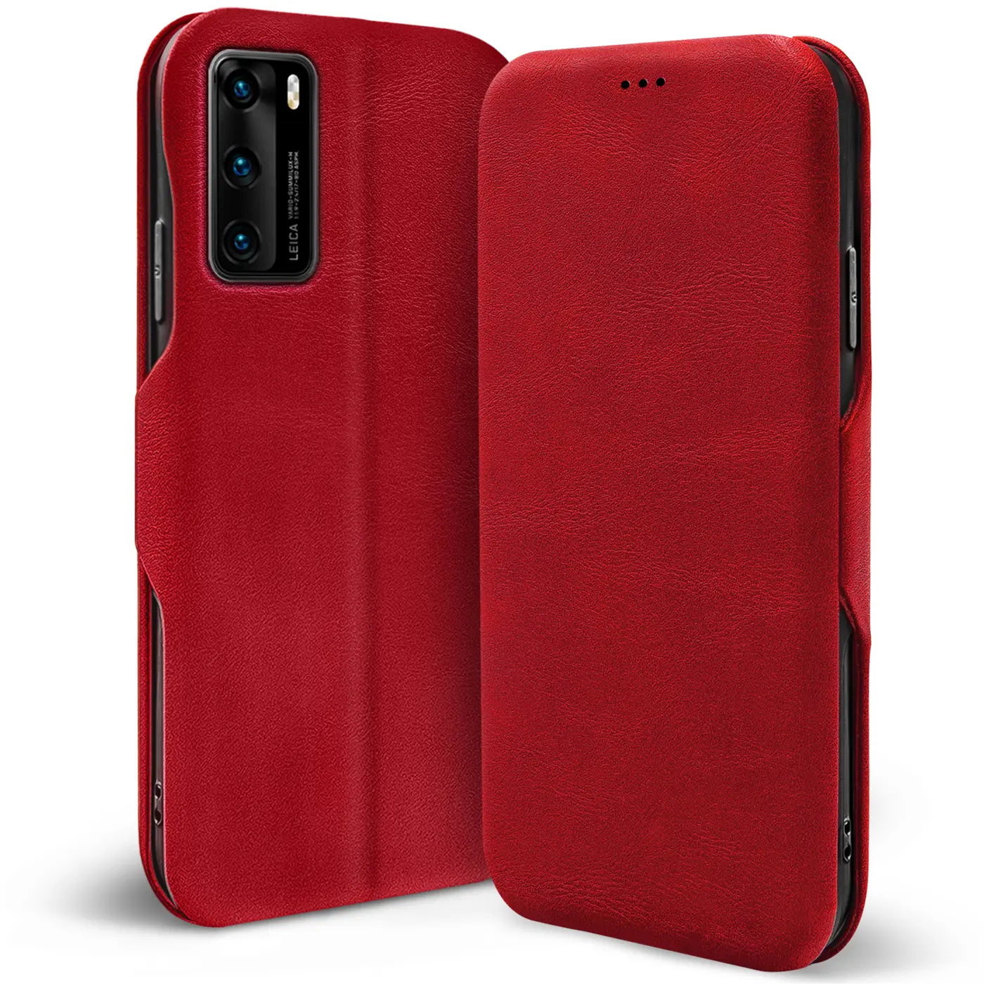 Rote Leder-Klapphülle für Huawei P40, von vorne/leicht schräg