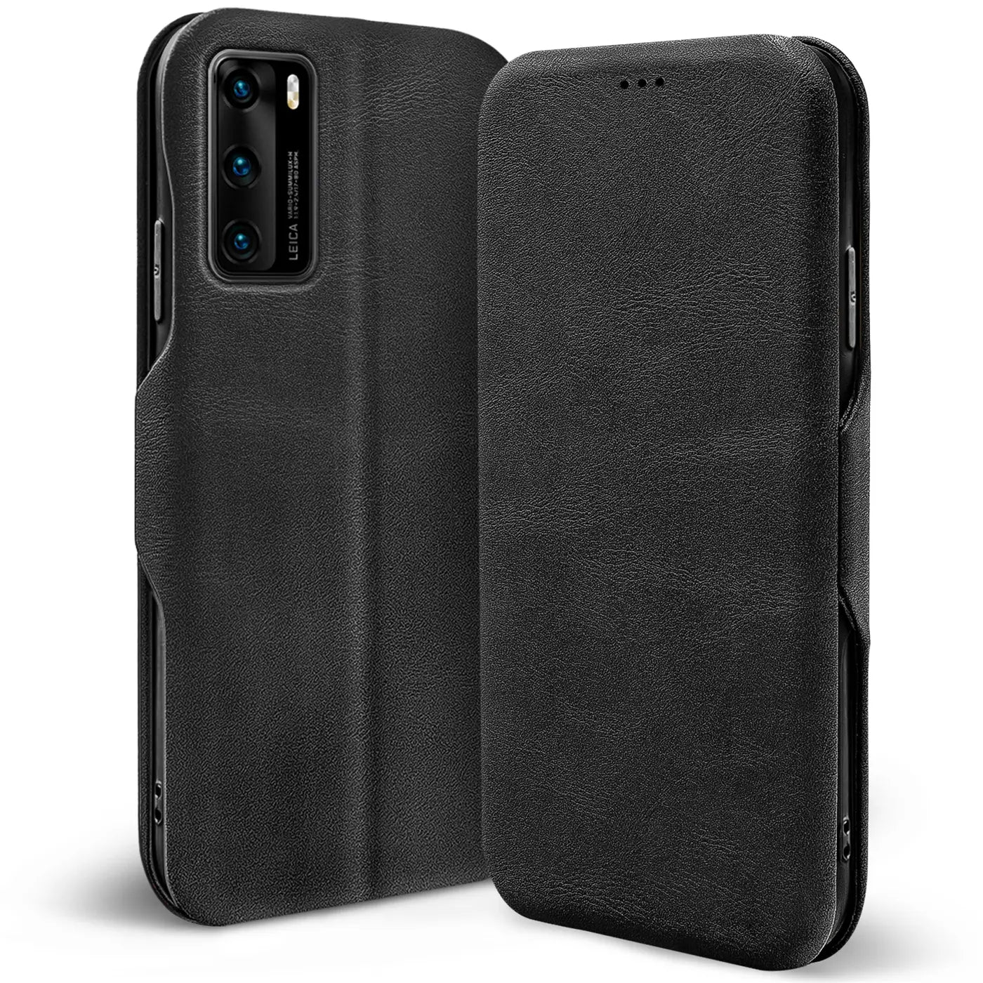 Schwarze Leder-Klapphülle mit Kartenfach für Huawei P40, Seitenansicht.