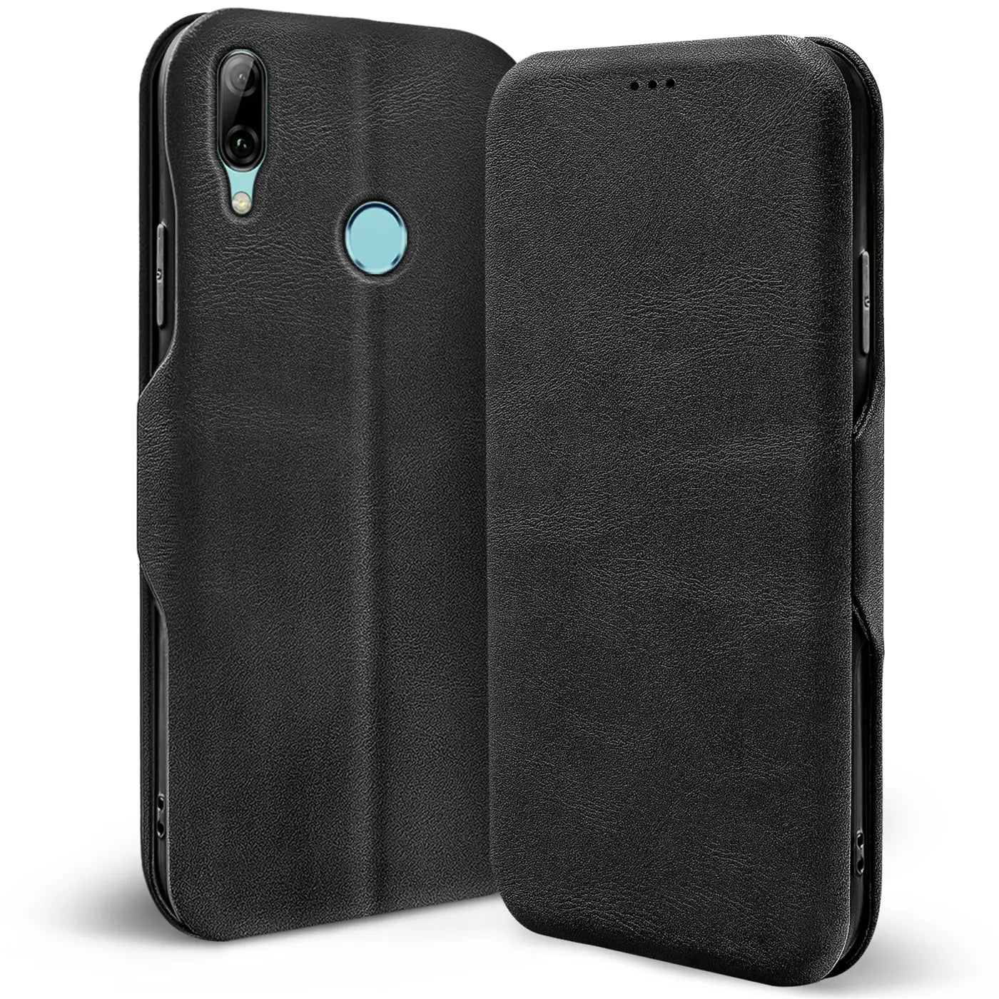 Schwarze Leder-Klapphülle mit Kartenfach, Vorder- und Rückansicht, für Huawei P Smart 2019.